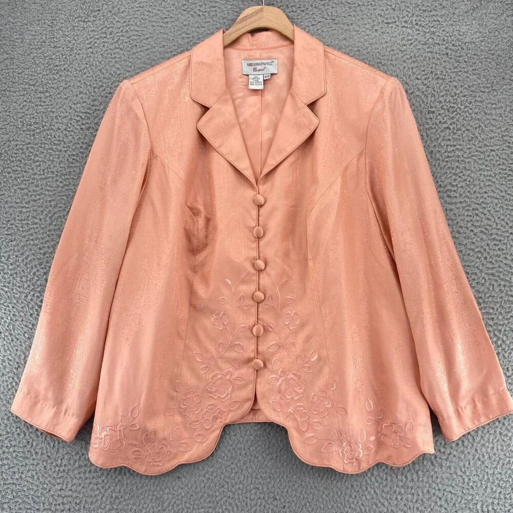 Adrianna Papell Jacket Womens 16W Plus Pink Silk Embroidered Button Up Formal